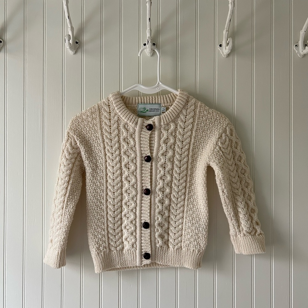 Original Aran Co Kids Cream Cable Knit Cardigan with leather buttons